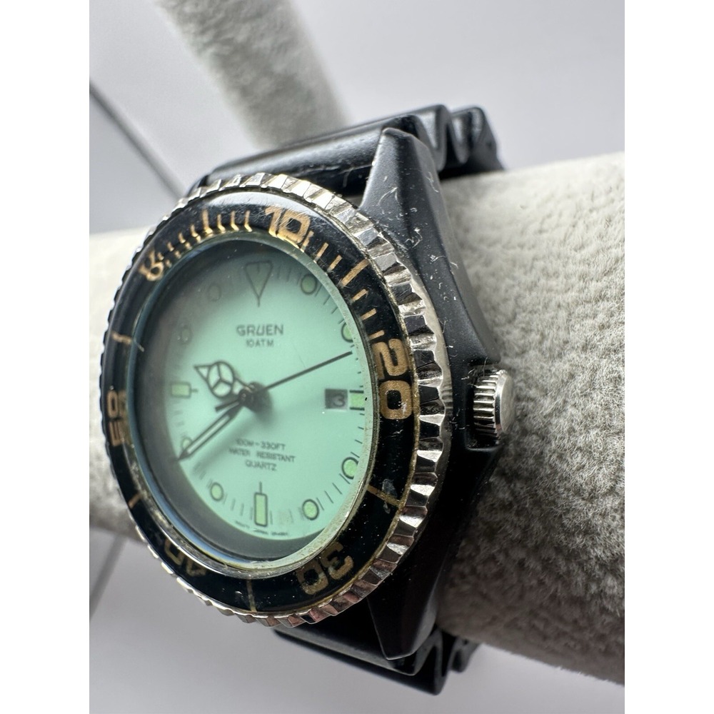 Gruen GR4684 Green Dial New Battery 34MM 8.25" Black Rubber Band Rare Diver C42 - Picture 3 of 12